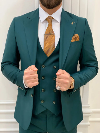 Amato Green Slim Fit Peak Lapel Suit - Versatile Three-Piece Elegance brabion