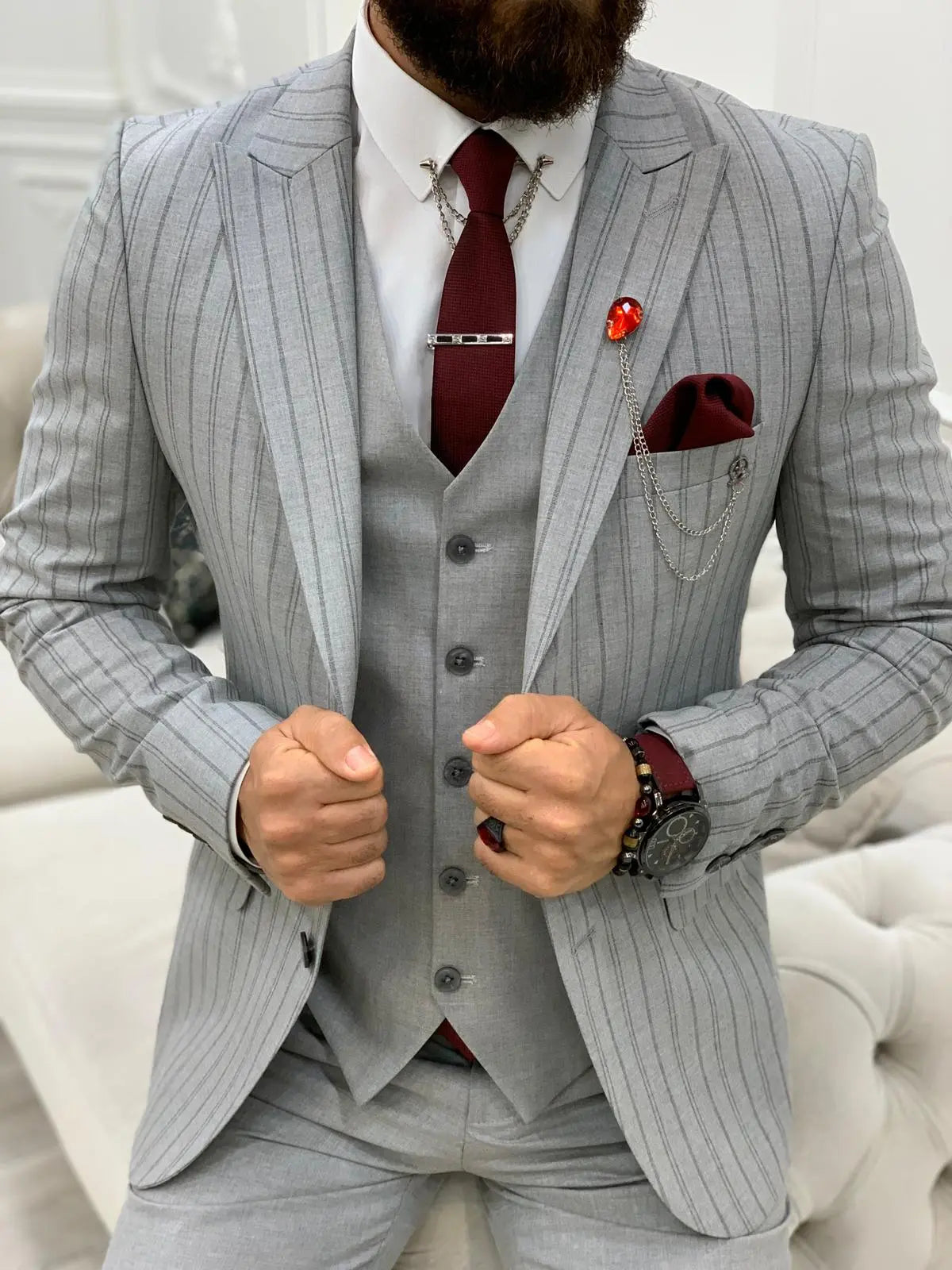 Lambrusco Dark Gray Slim Fit Peak Lapel Striped Suit - BRABION