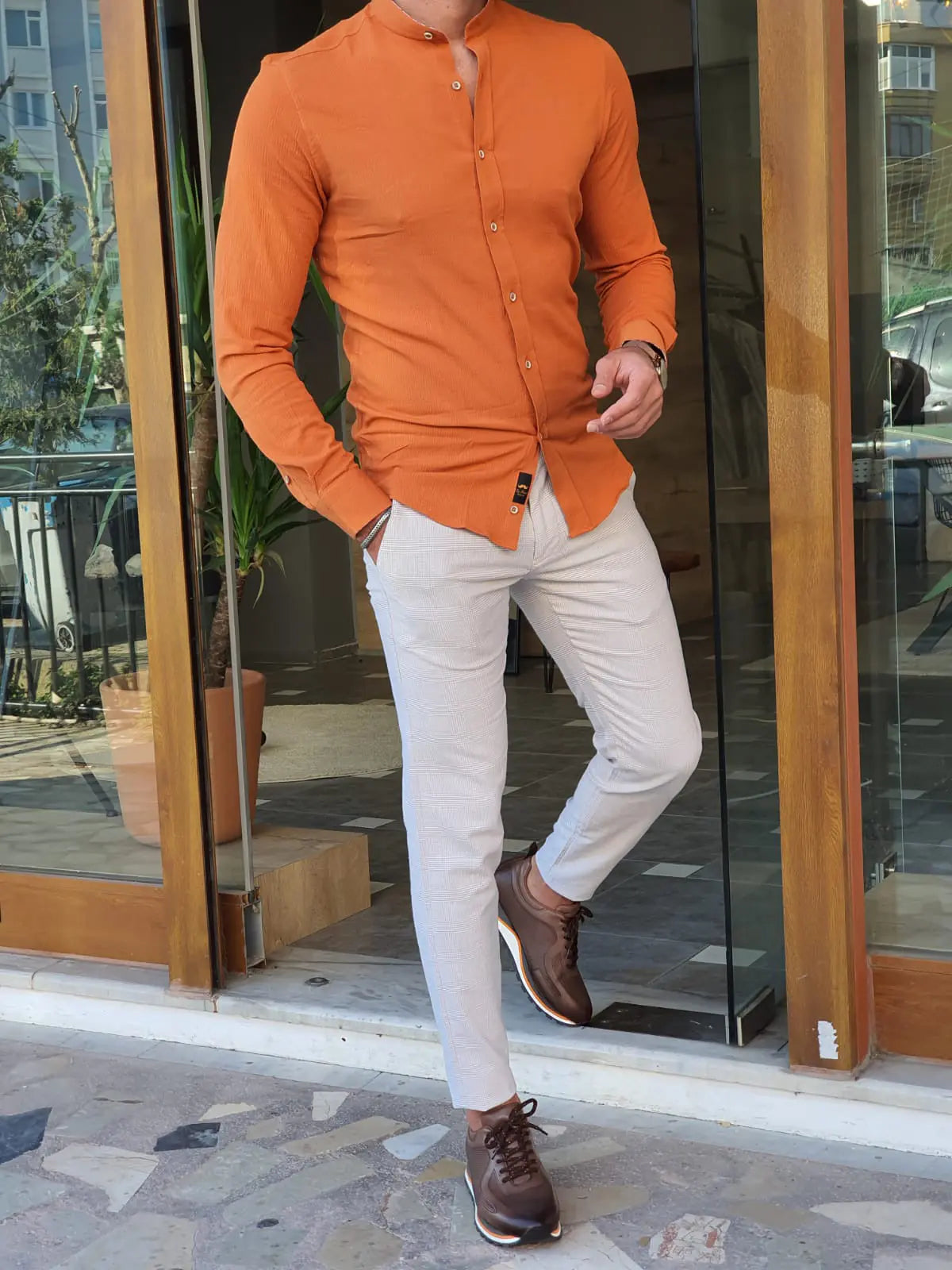 Brabion Aron Orange Slim Fit Long Sleeve Cotton Shirt - BRABION