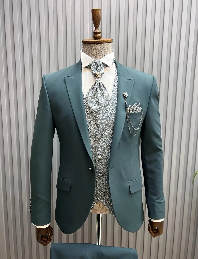 Sorento Green Slim Fit Floral Peak Lapel Groom Suit - BRABION
