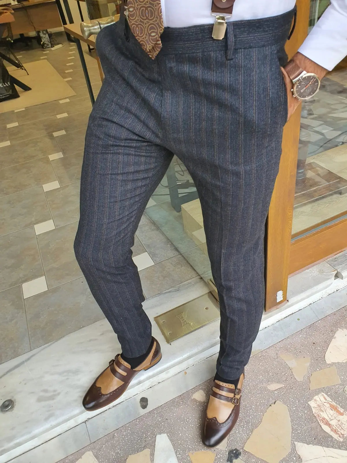 Lazio Dark Blue Slim Fit Striped Pants - BRABION