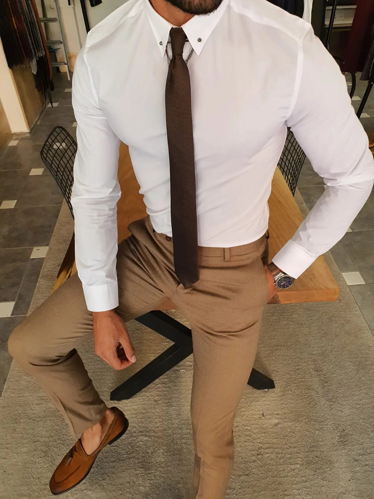 Brabion Stefano White Slim Fit Chain Collar Shirt - BRABION