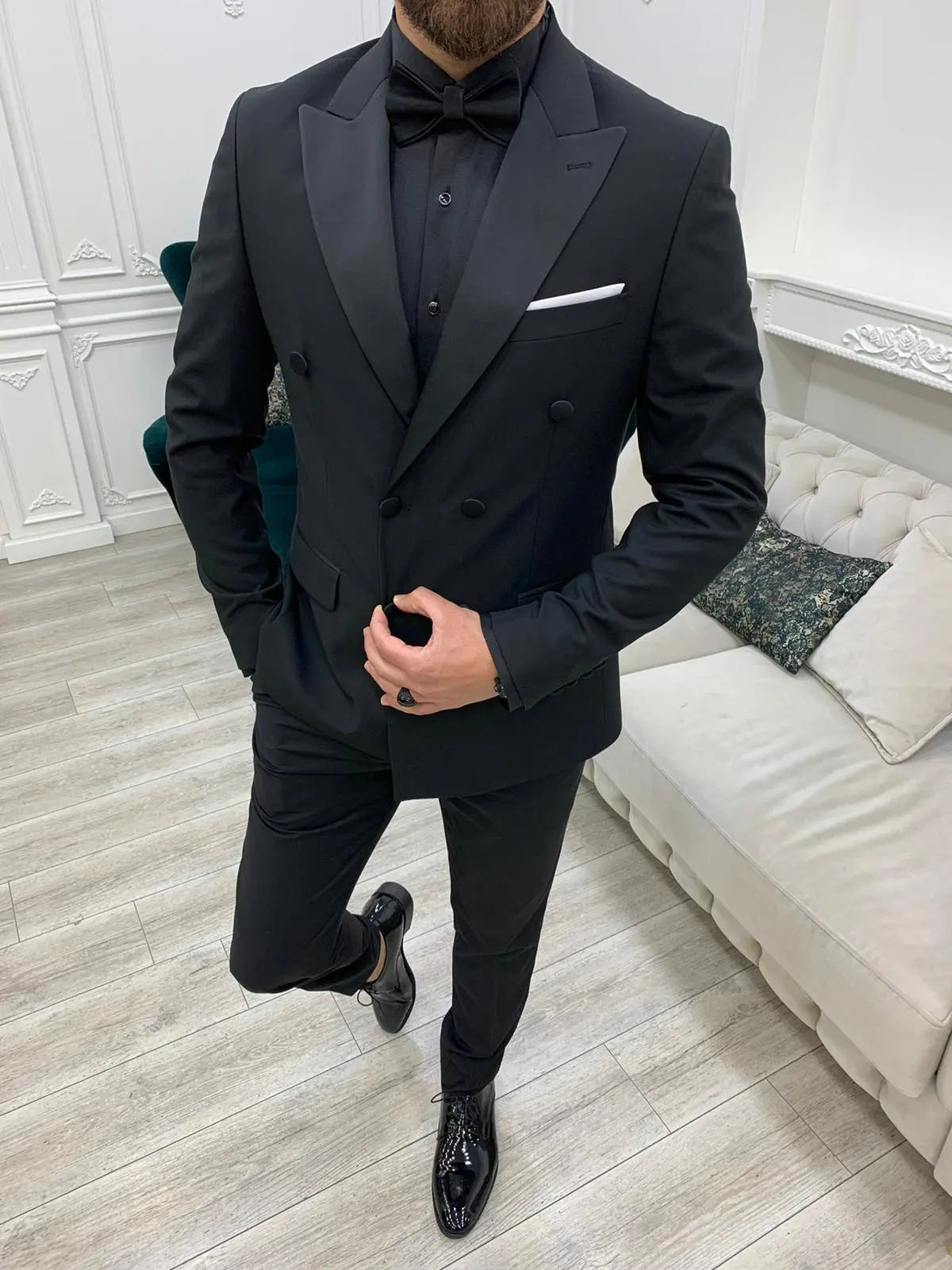 Forte Black Slim Fit Double Breasted Peak Lapel Tuxedo - BRABION