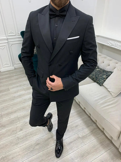 Forte Black Slim Fit Double Breasted Peak Lapel Tuxedo - BRABION