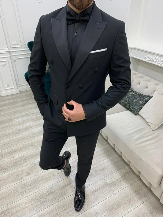 Forte Black Slim Fit Double Breasted Peak Lapel Tuxedo - BRABION