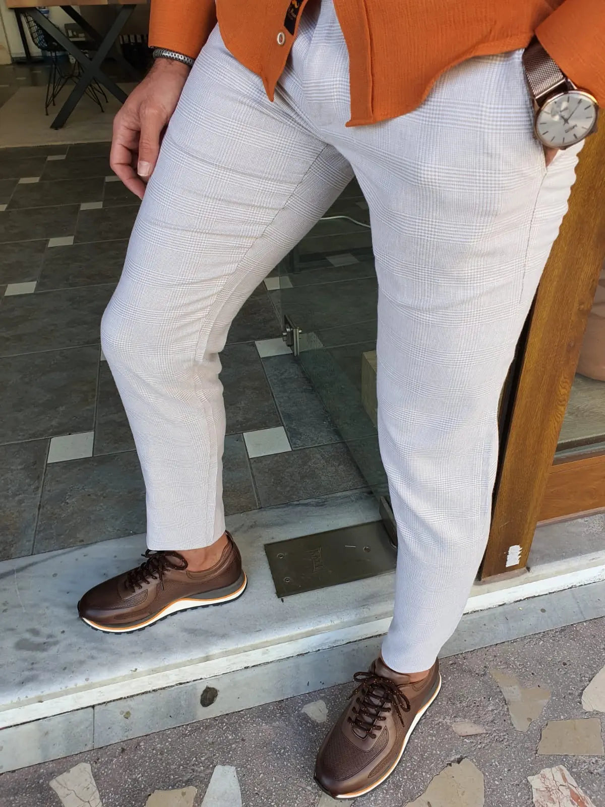 Bristol Beige Slim Fit Plaid Cotton Pants - BRABION