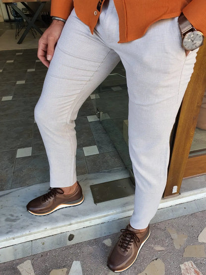 Bristol Beige Slim Fit Plaid Cotton Pants - BRABION
