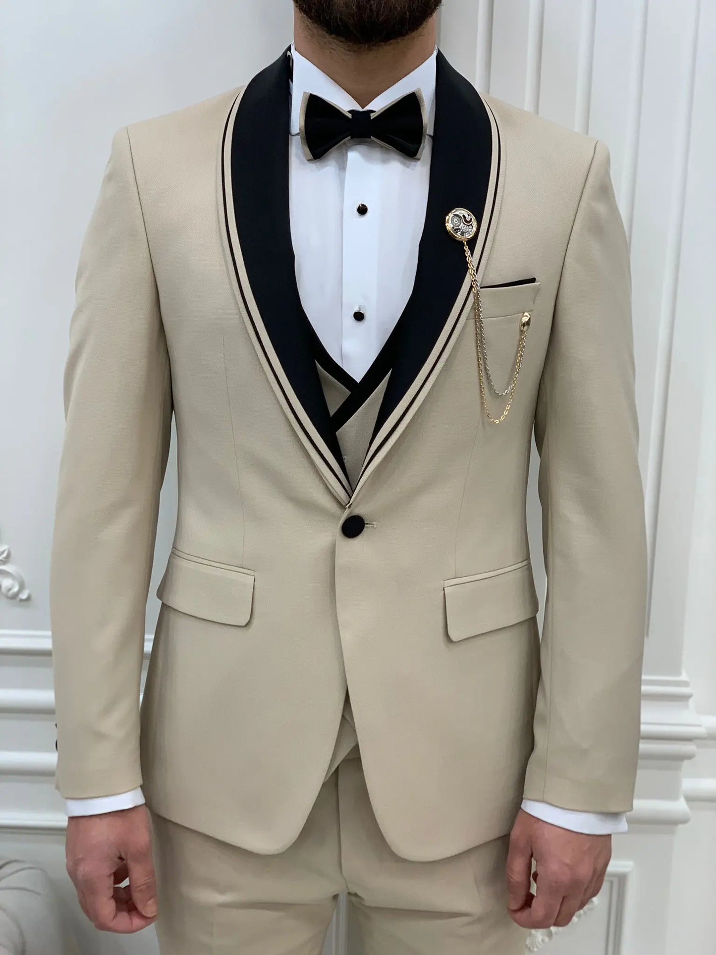 Glendale Beige Slim Fit Shawl Lapel Tuxedo – Elegant Formalwear for Men - BRABION