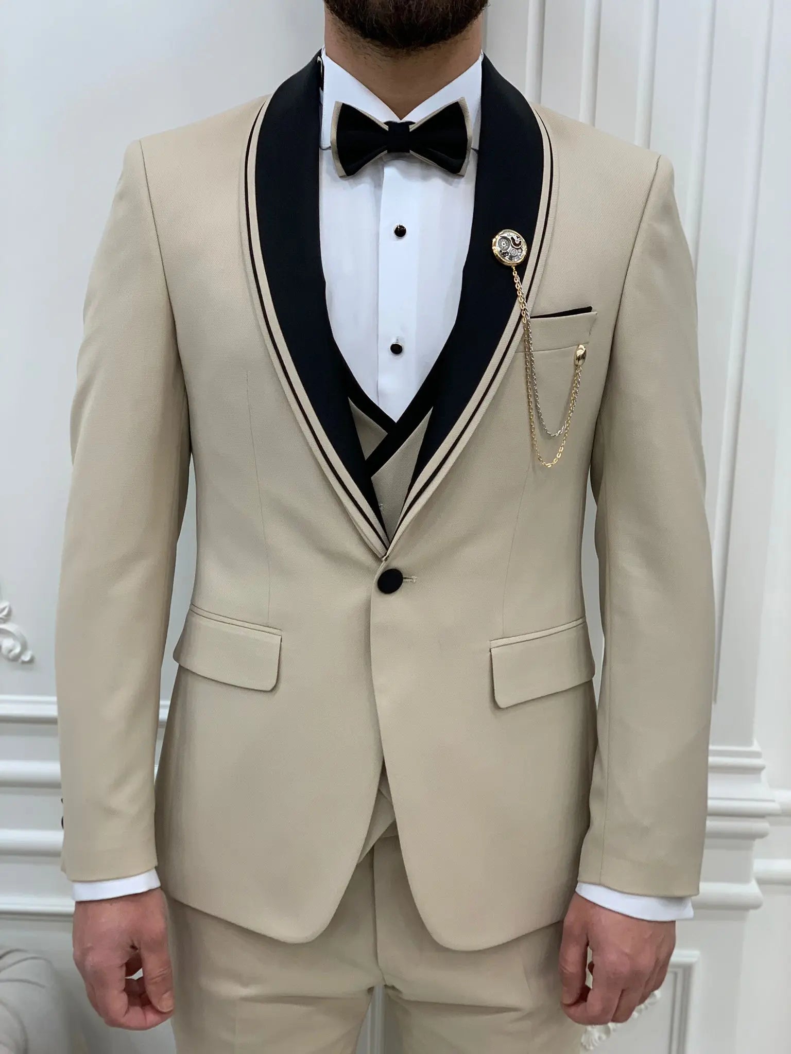 Glendale Beige Slim Fit Shawl Lapel Tuxedo – Elegant Formalwear for Men - BRABION