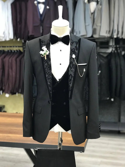 Genova Black Slim Fit Peak Lapel Tuxedo for Elegant Occasions - BRABION