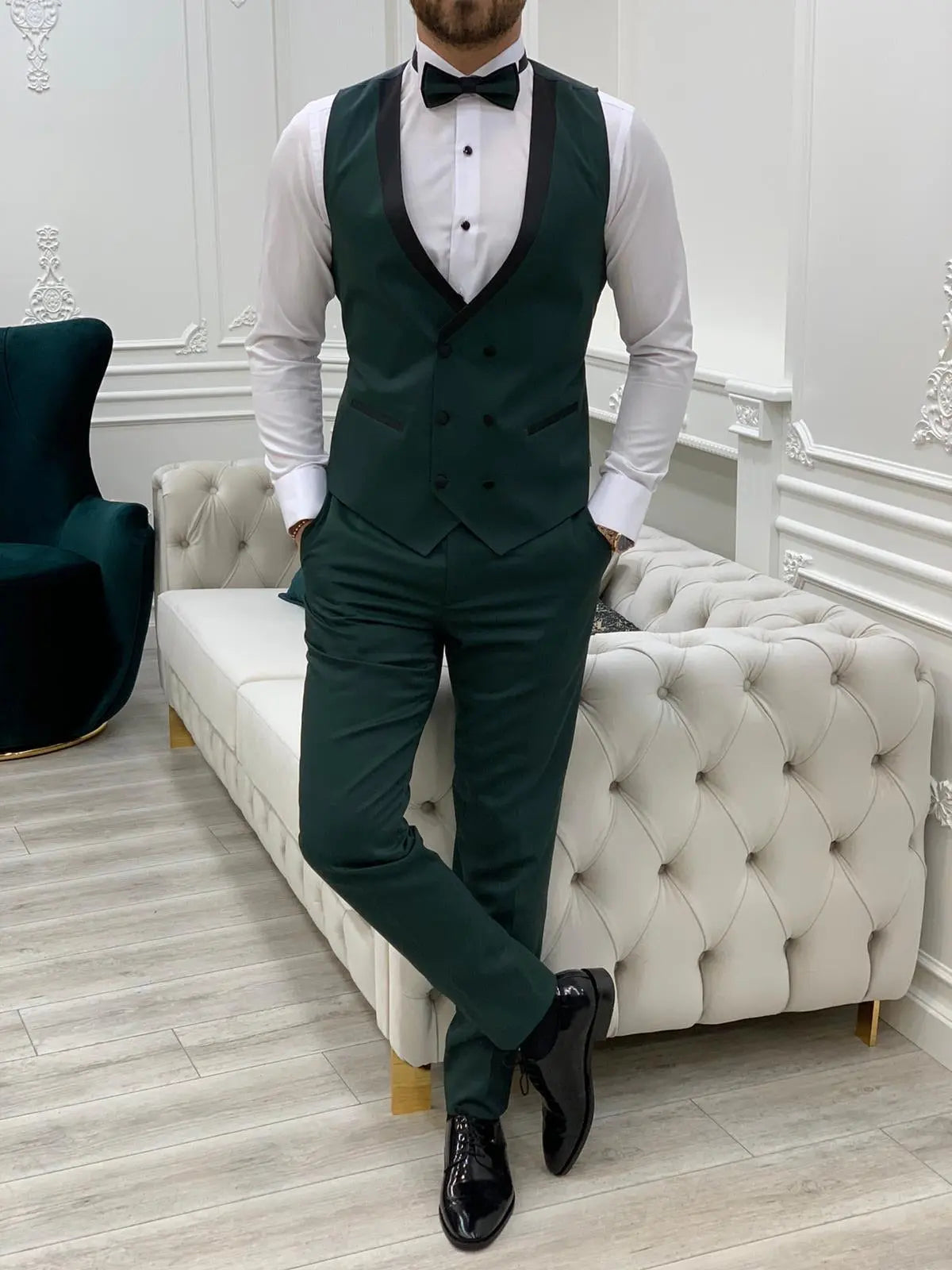 Torino Green Slim Fit Velvet Peak Lapel Tuxedo - BRABION