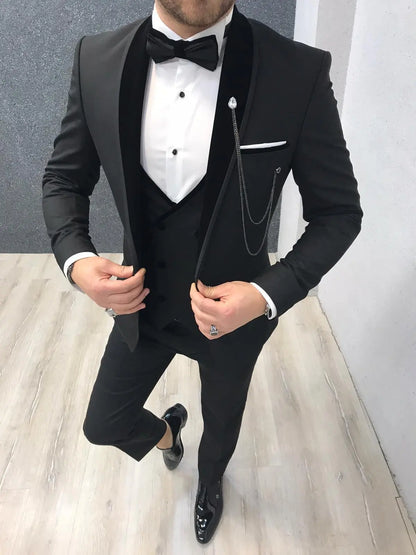 Ventura Black Slim Fit Velvet Shawl Lapel Tuxedo - BRABION