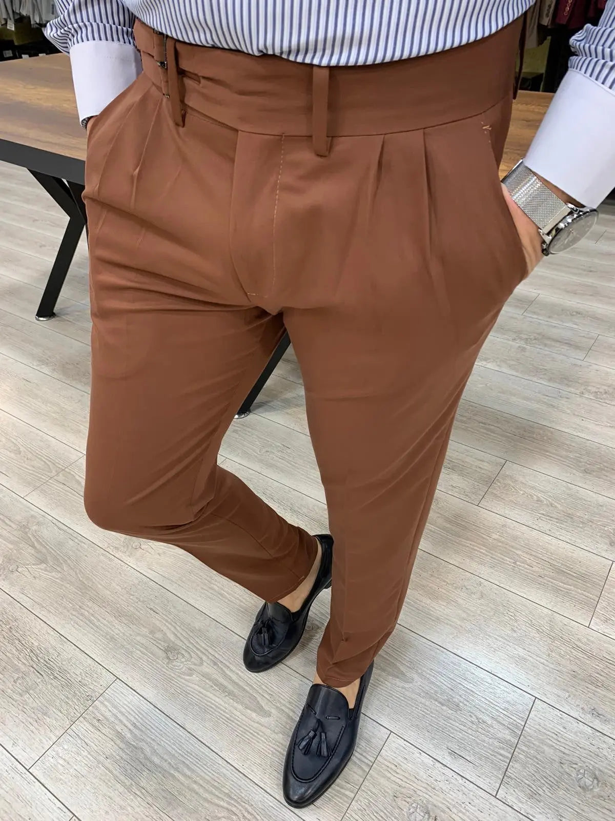 Jake Tile Pleated Buckled Slim Fit Pants - BRABION