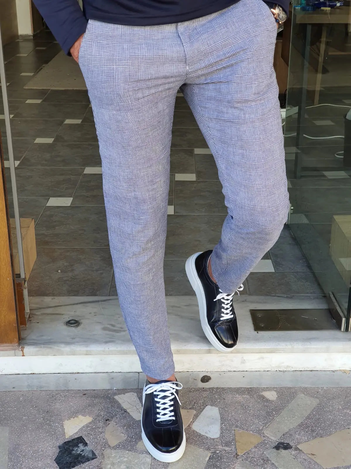Montreal Navy Blue Slim Fit Plaid Cotton Pants - BRABION