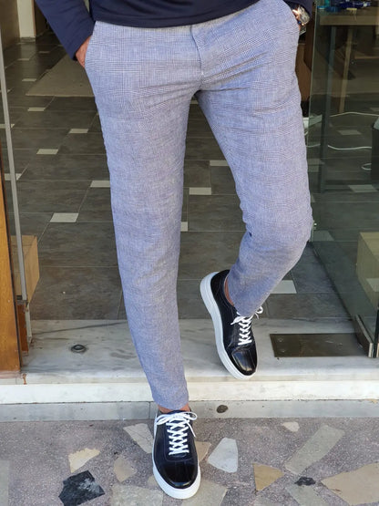 Montreal Navy Blue Slim Fit Plaid Cotton Pants - BRABION