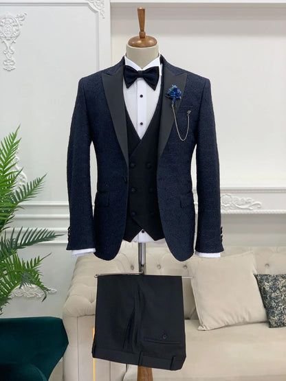 Caesar Navy Blue Slim Fit Peak Lapel Floral Patterned Tuxedo - BRABION
