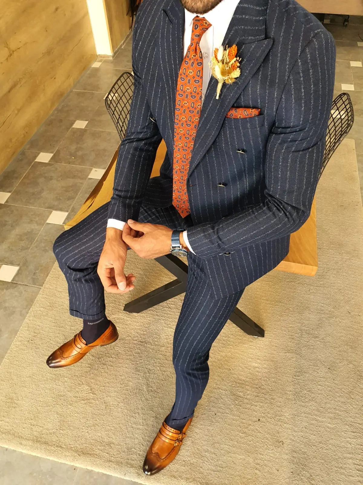 Men's Navy Blue Pinstripe Double Breasted Suit BOJONI