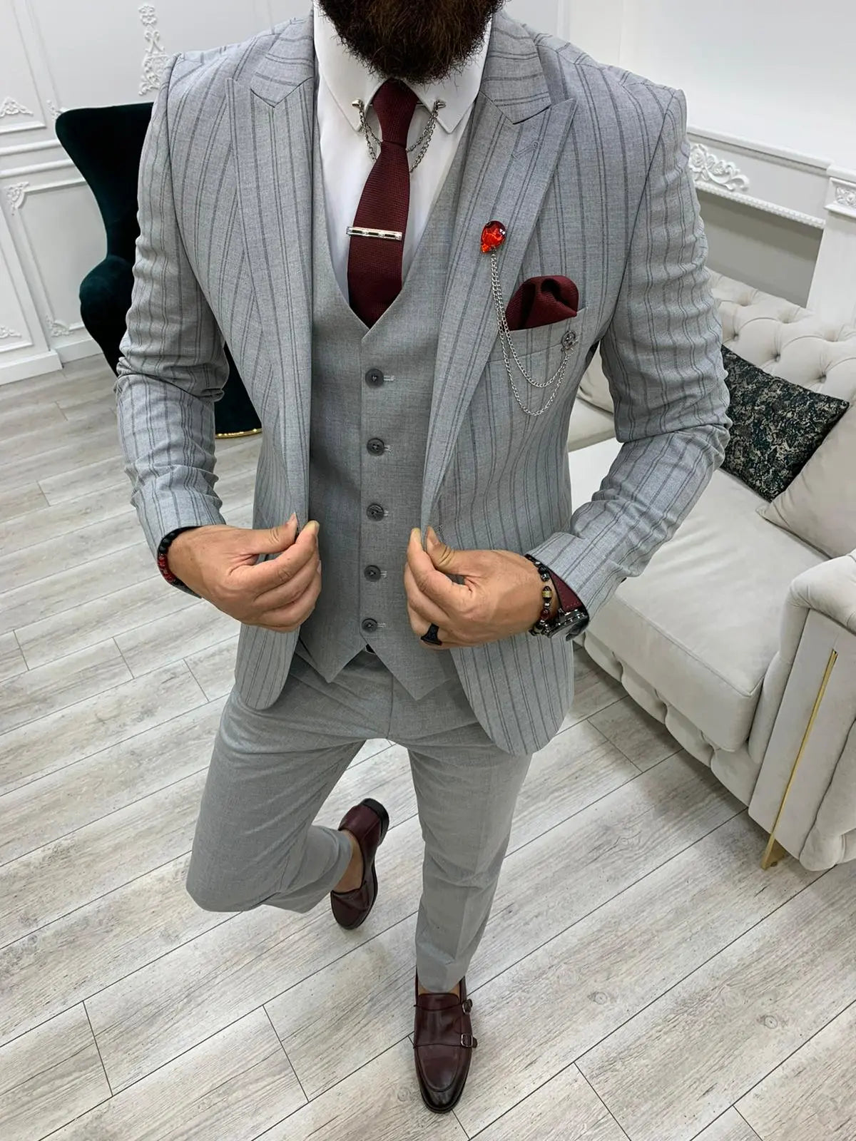 Lambrusco Dark Gray Slim Fit Peak Lapel Striped Suit - BRABION
