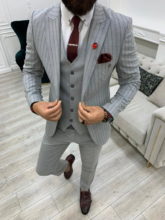 Lambrusco Dark Gray Slim Fit Peak Lapel Striped Suit - BRABION