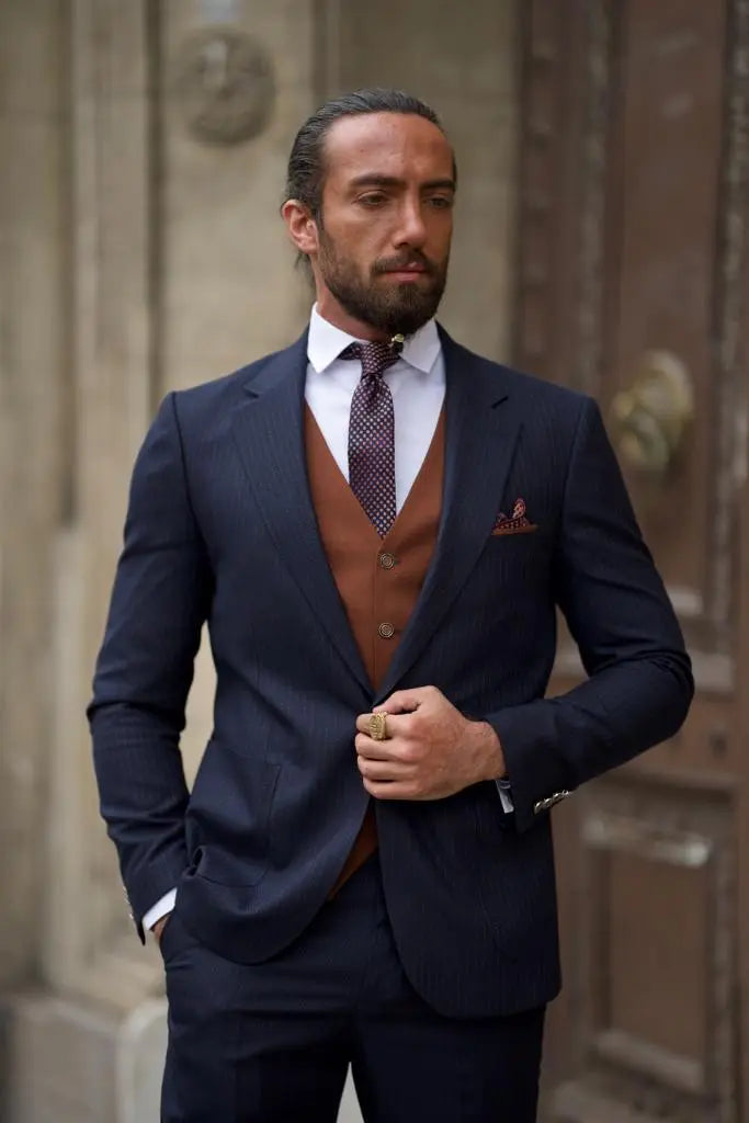 Sorento Dark Blue Slim Fit Pinstripe Combination Suit brabion
