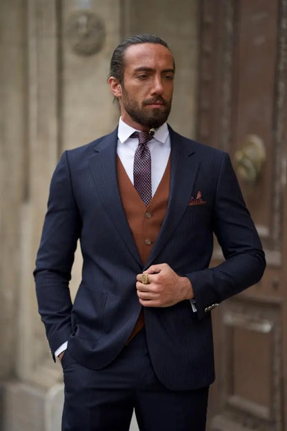 Sorento Dark Blue Slim Fit Pinstripe Combination Suit brabion