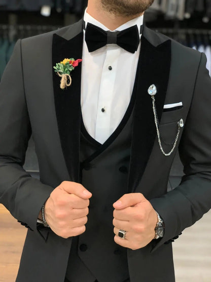 Wilson Black Slim Fit Velvet Peak Lapel Tuxedo - BRABION