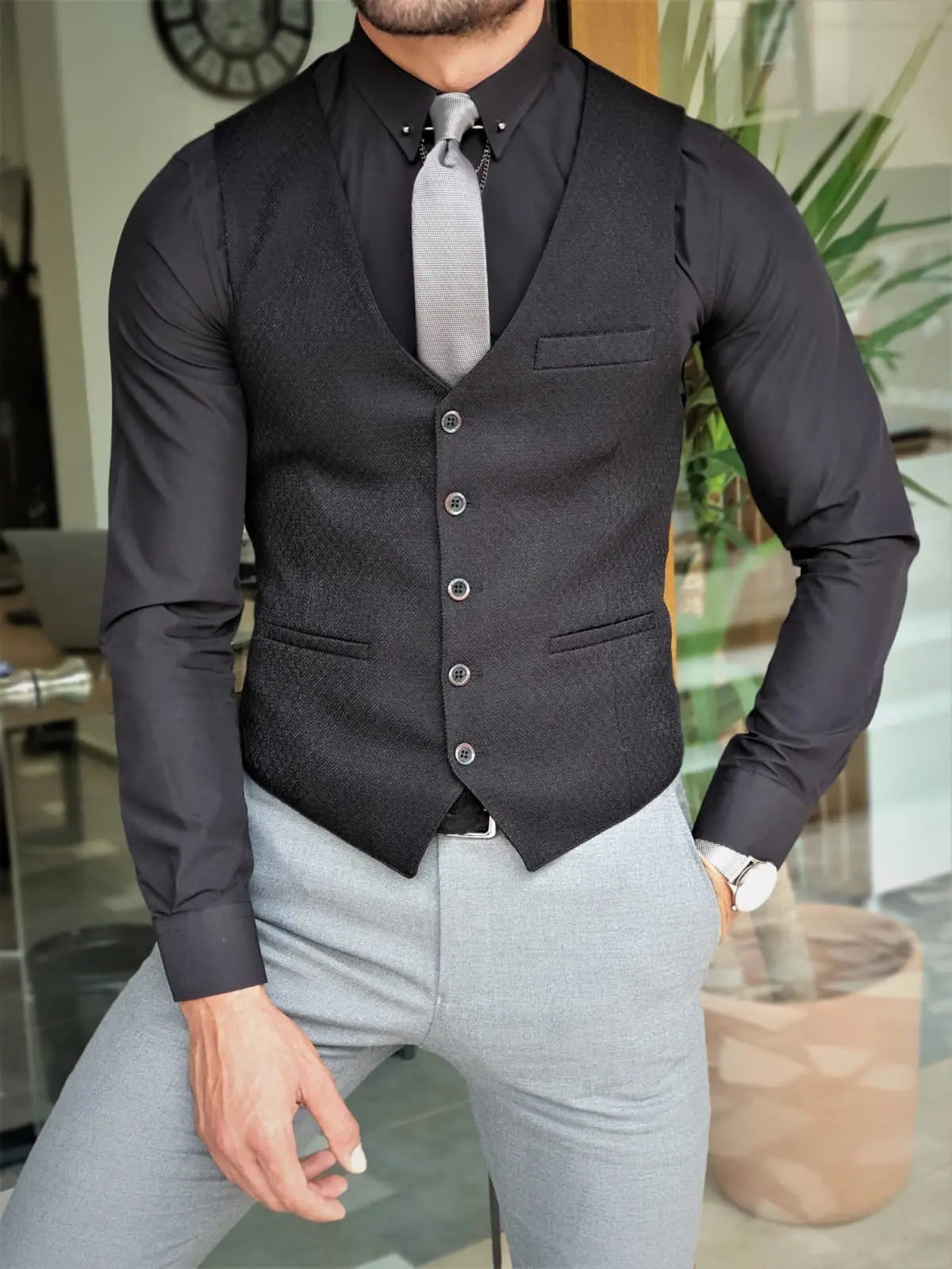 Men's Jet Black Slim Fit Three-Piece Suit BOJONI