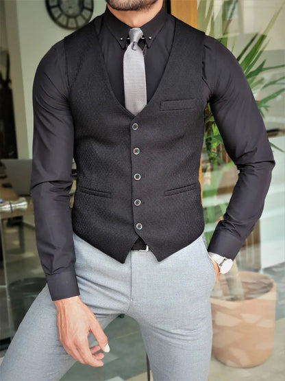 Men's Jet Black Slim Fit Three-Piece Suit BOJONI