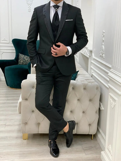 Forte Black Slim Fit Glitter Peak Lapel Wedding Suit - BRABION