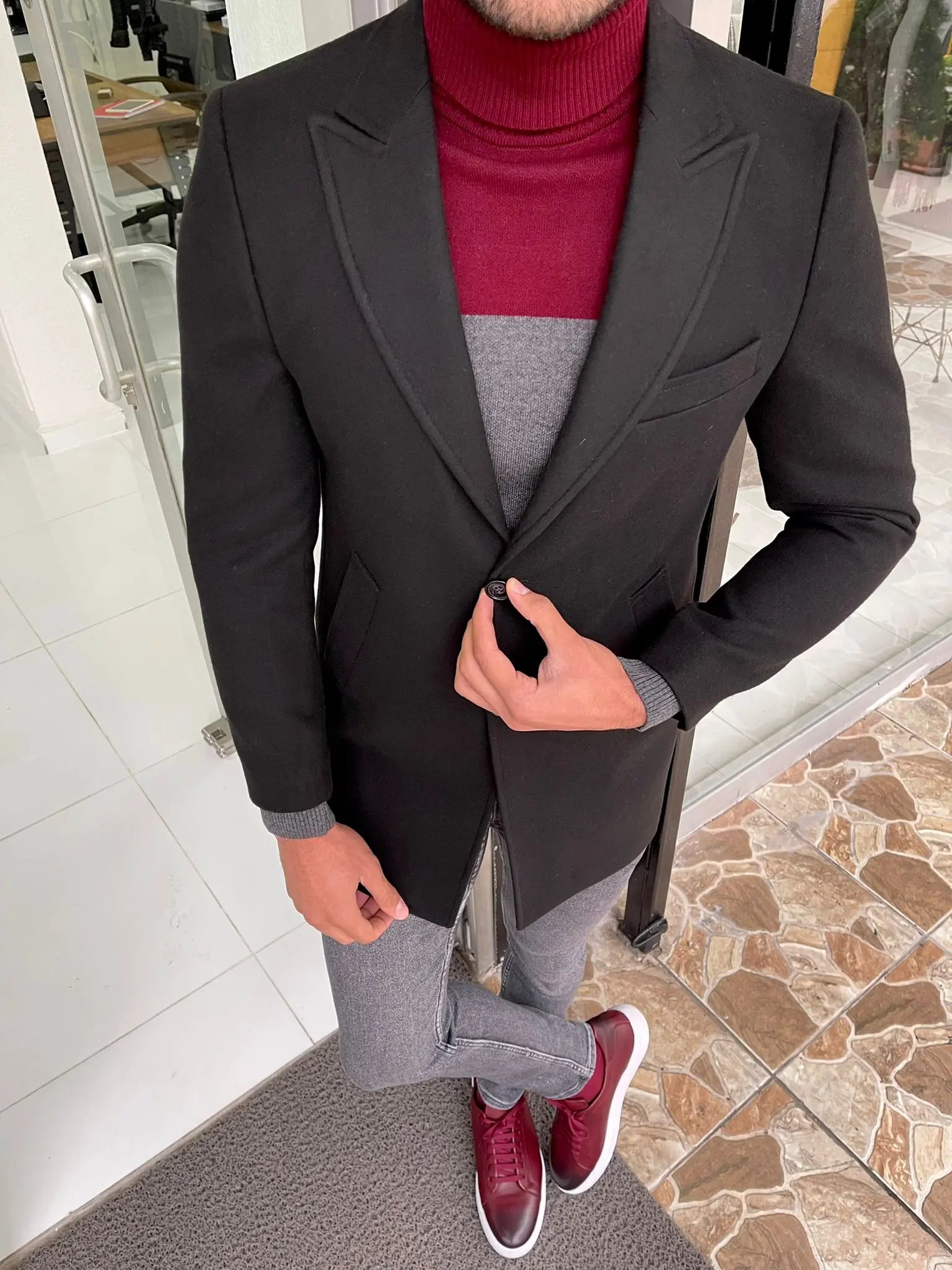Viena Black Slim Fit Wool Long Coat - BRABION