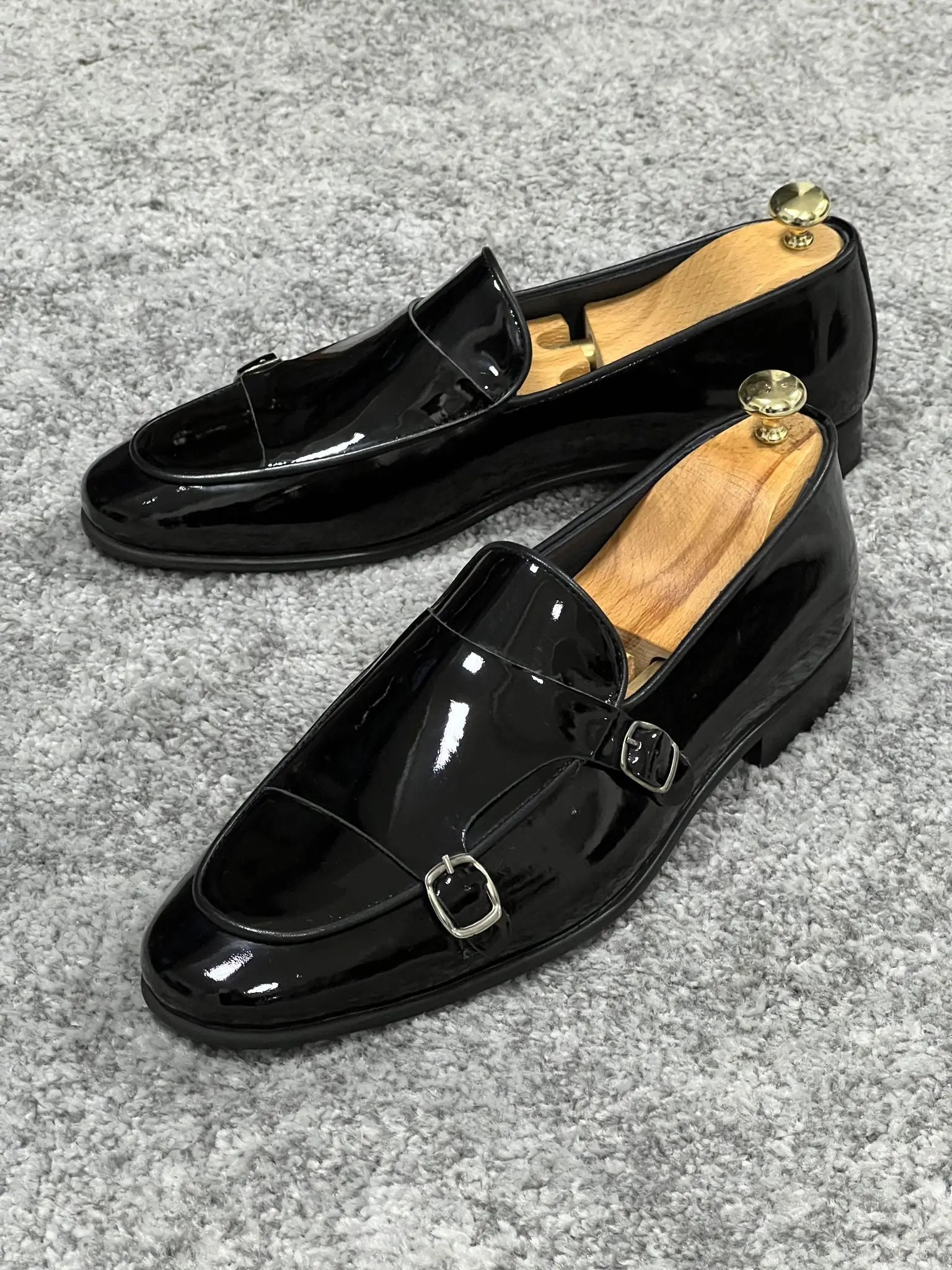 Lenzi Special Edition Neolite Sole Double Monk Shiney Leather Black Shoes - BRABION