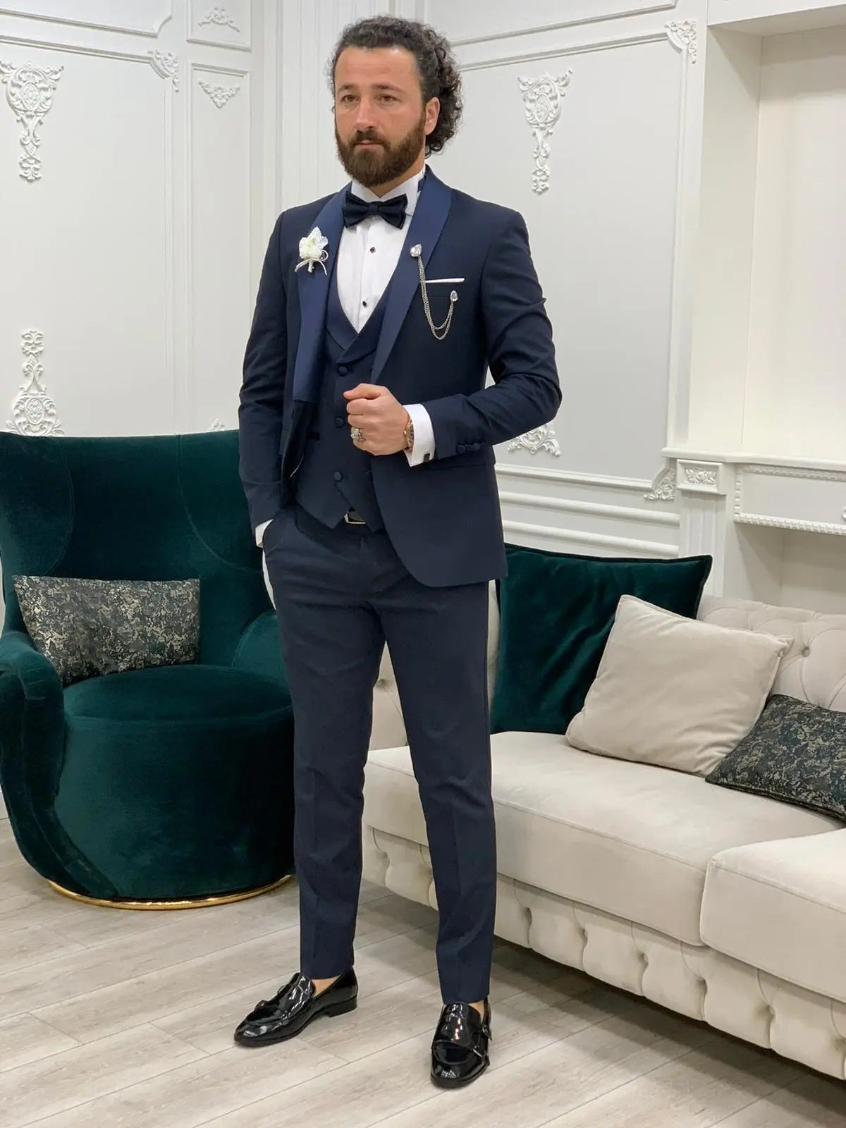 Avion Navy Blue Slim Fit Shawl Lapel Tuxedo - BRABION
