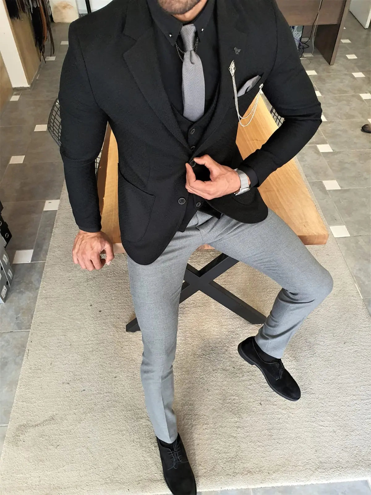 Men's Jet Black Slim Fit Three-Piece Suit BOJONI