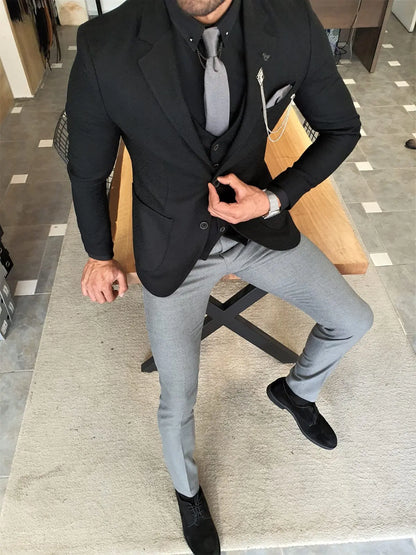 Men's Jet Black Slim Fit Three-Piece Suit BOJONI