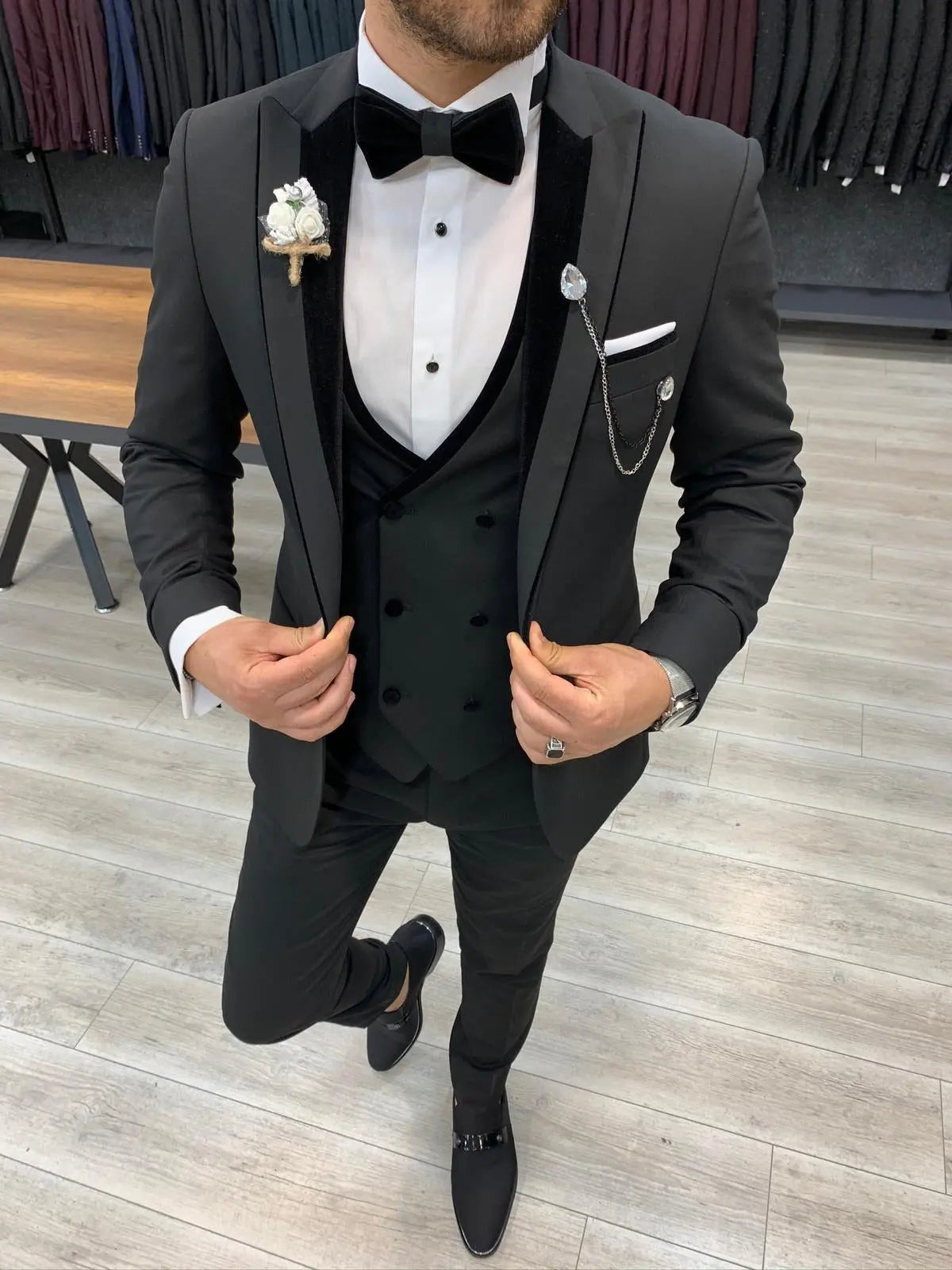 Wilson Black Slim Fit Velvet Peak Lapel Tuxedo: Timeless Elegance for Formal Occasions - BRABION
