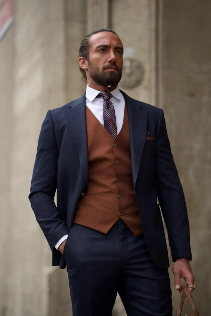 Sorento Dark Blue Slim Fit Pinstripe Combination Suit brabion