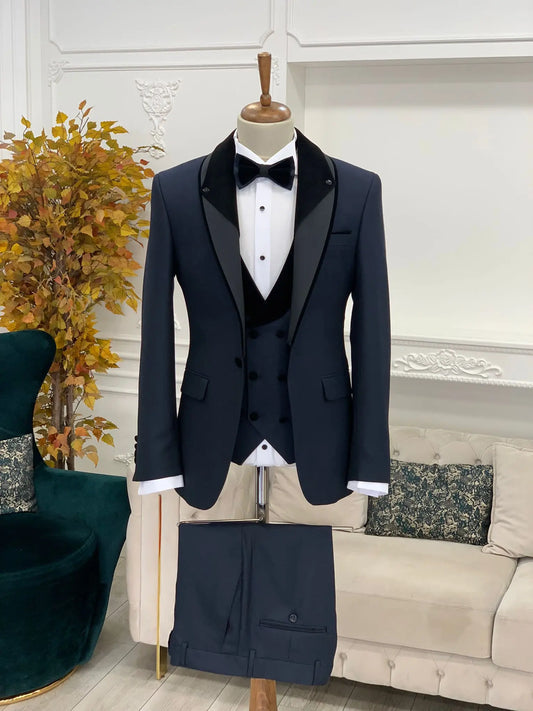 Caesar Navy Blue Slim Fit Velvet Shawl Lapel Tuxedo - BRABION