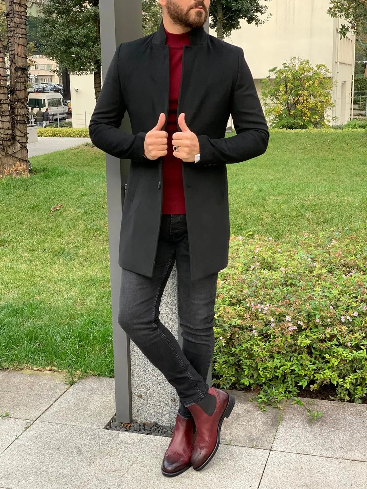 Kenzie Black Slim Fit Wool Long Coat - BRABION