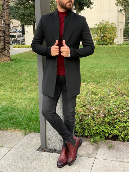 Kenzie Black Slim Fit Wool Long Coat - BRABION