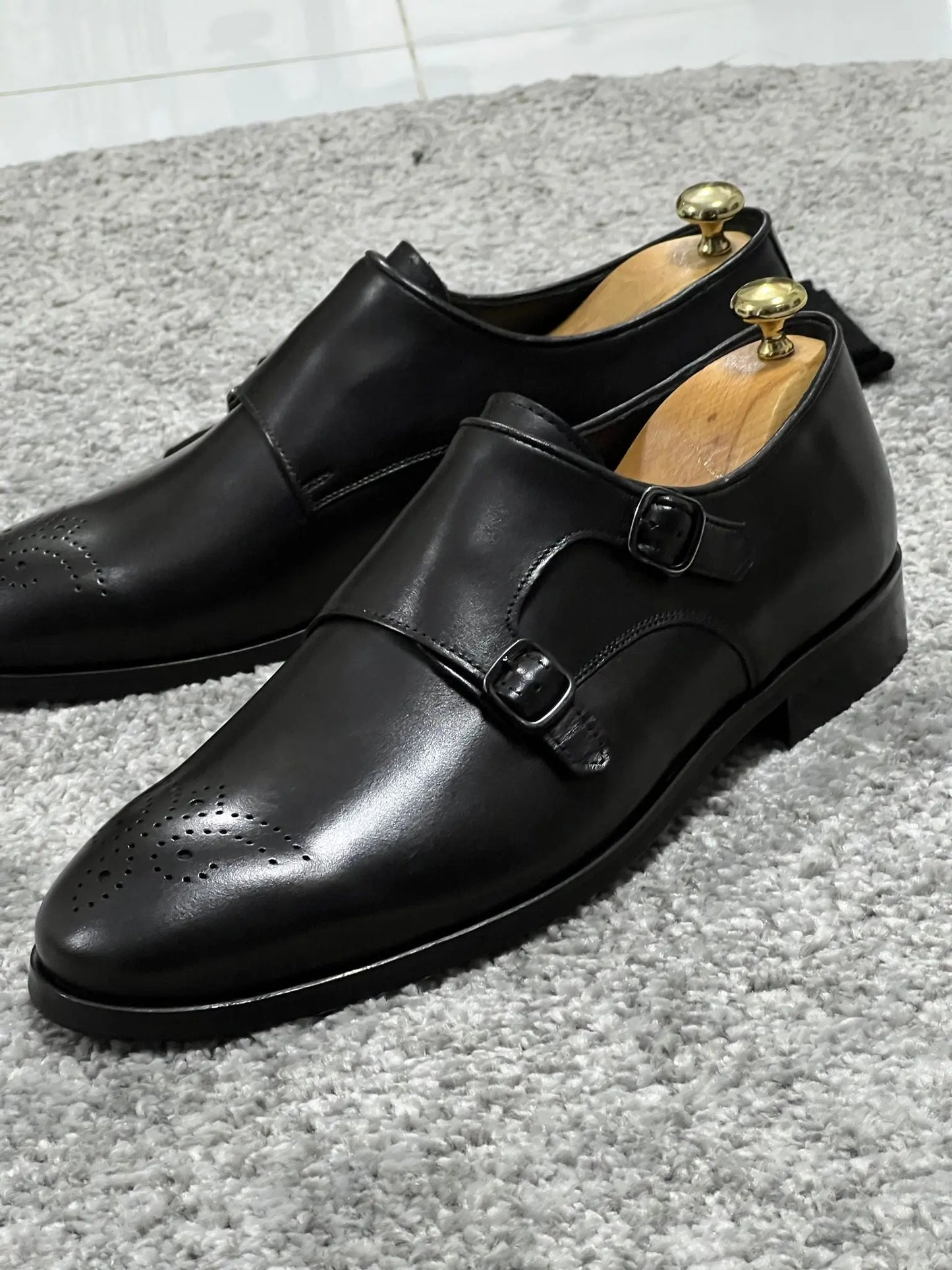 Lenzi Special Edition Neolite Sole Double Monk Stap Black Shoes - BRABION