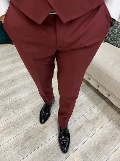 Eden Burgundy Slim Fit Velvet Peak Lapel Tuxedo - BRABION