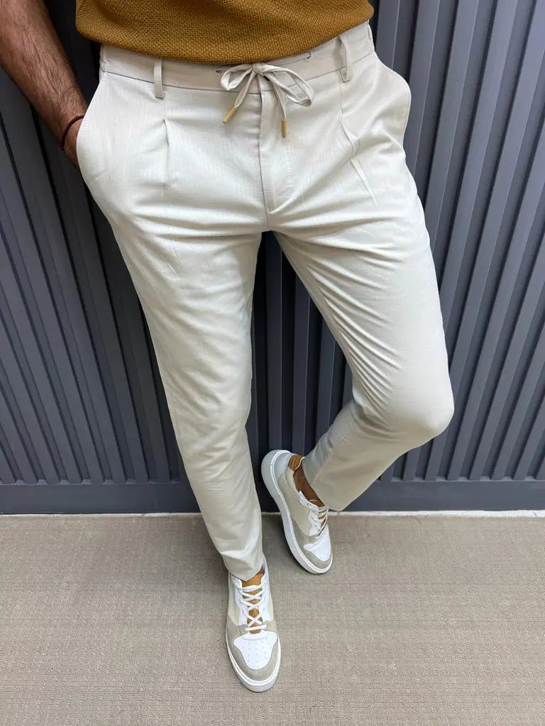 Sorento Beige Slim Fit Linen Pants - BRABION