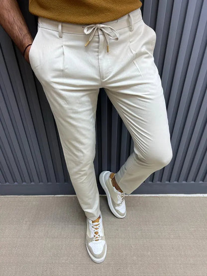 Sorento Beige Slim Fit Linen Pants - BRABION