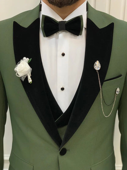Eden Light Green Slim Fit Velvet Peak Lapel Tuxedo - BRABION
