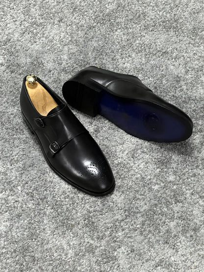 Lenzi Special Edition Neolite Sole Double Monk Stap Black Shoes - BRABION