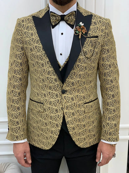 Caesar Golden Slim Fit Peak Lapel Floral Patterned Tuxedo - BRABION