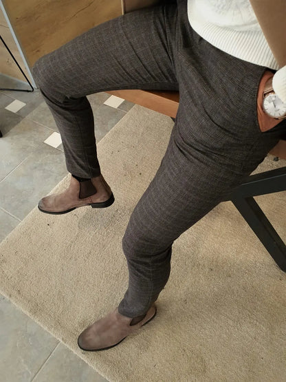Henderson Brown Slim Fit Plaid Cotton Pants - BRABION
