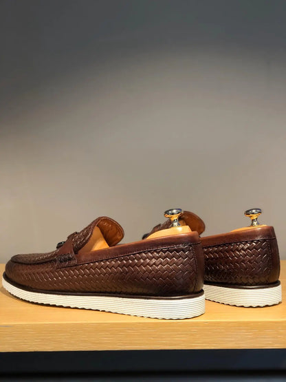 Odessa Brown Woven Leather Tassel Loafer - BRABION
