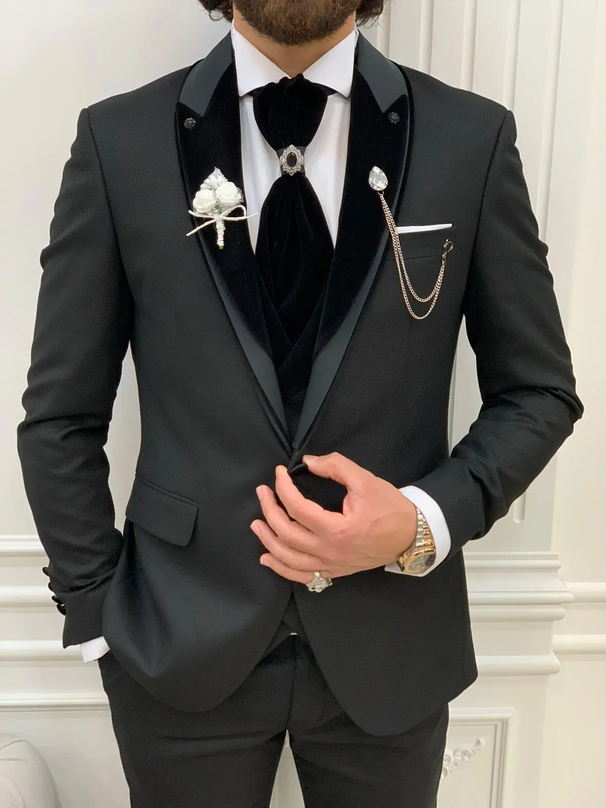 Forte Black Slim Fit Velvet Peak Lapel Wedding Suit - BRABION