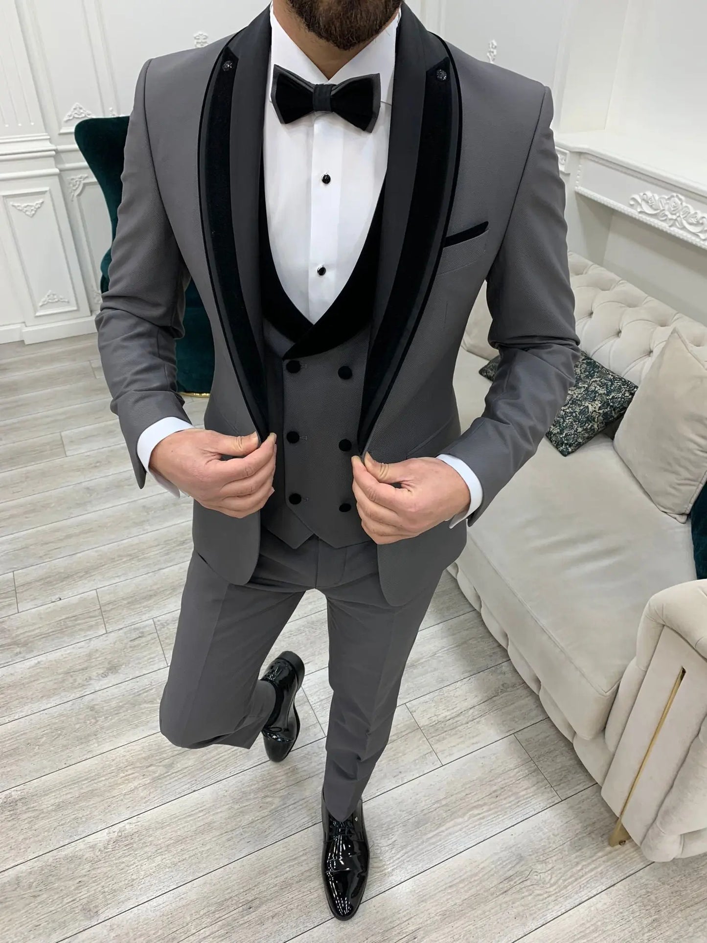 Eden Gray Slim Fit Velvet Satin Shawl Lapel Tuxedo - BRABION